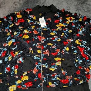 FLORAL RUFFLE AND MESH BOMBER JACKET